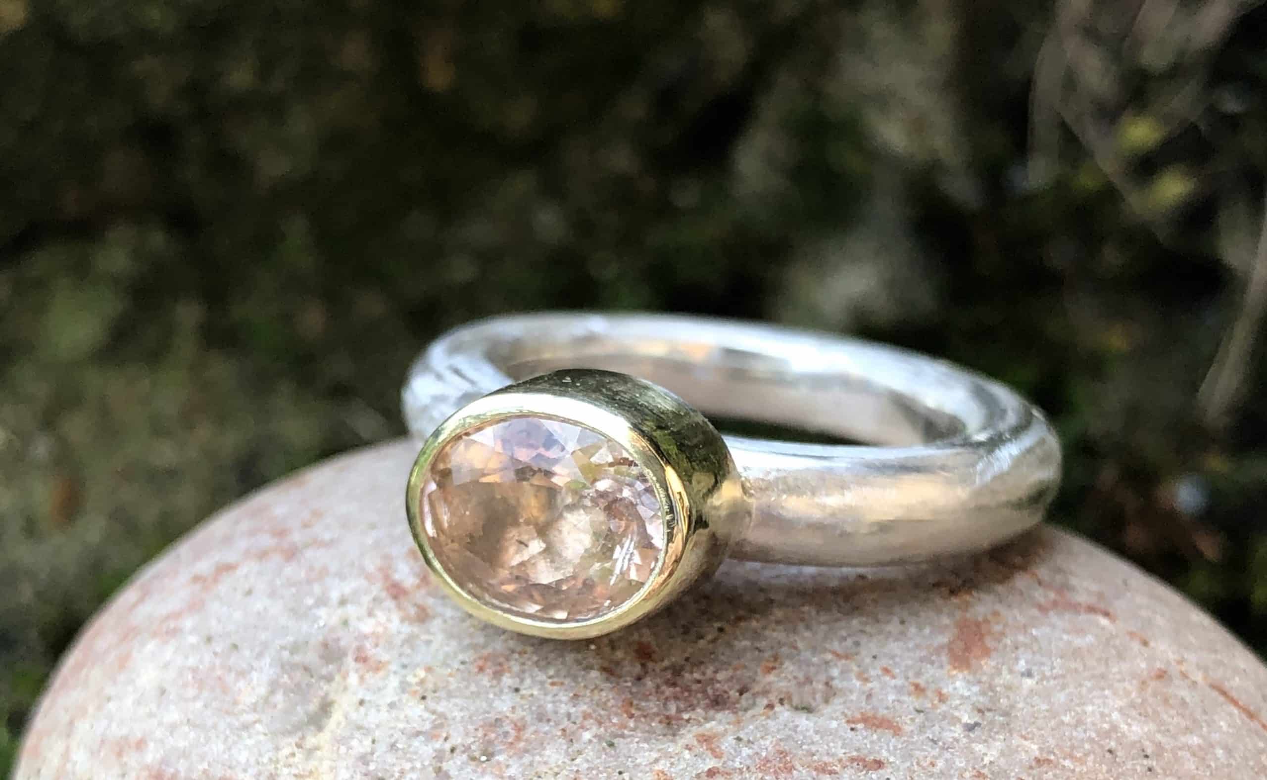 Edelstein Ring mit pfirsichfarbenem Morganit 585 Gold/ 925 Silber handgefertigt – Bild 5