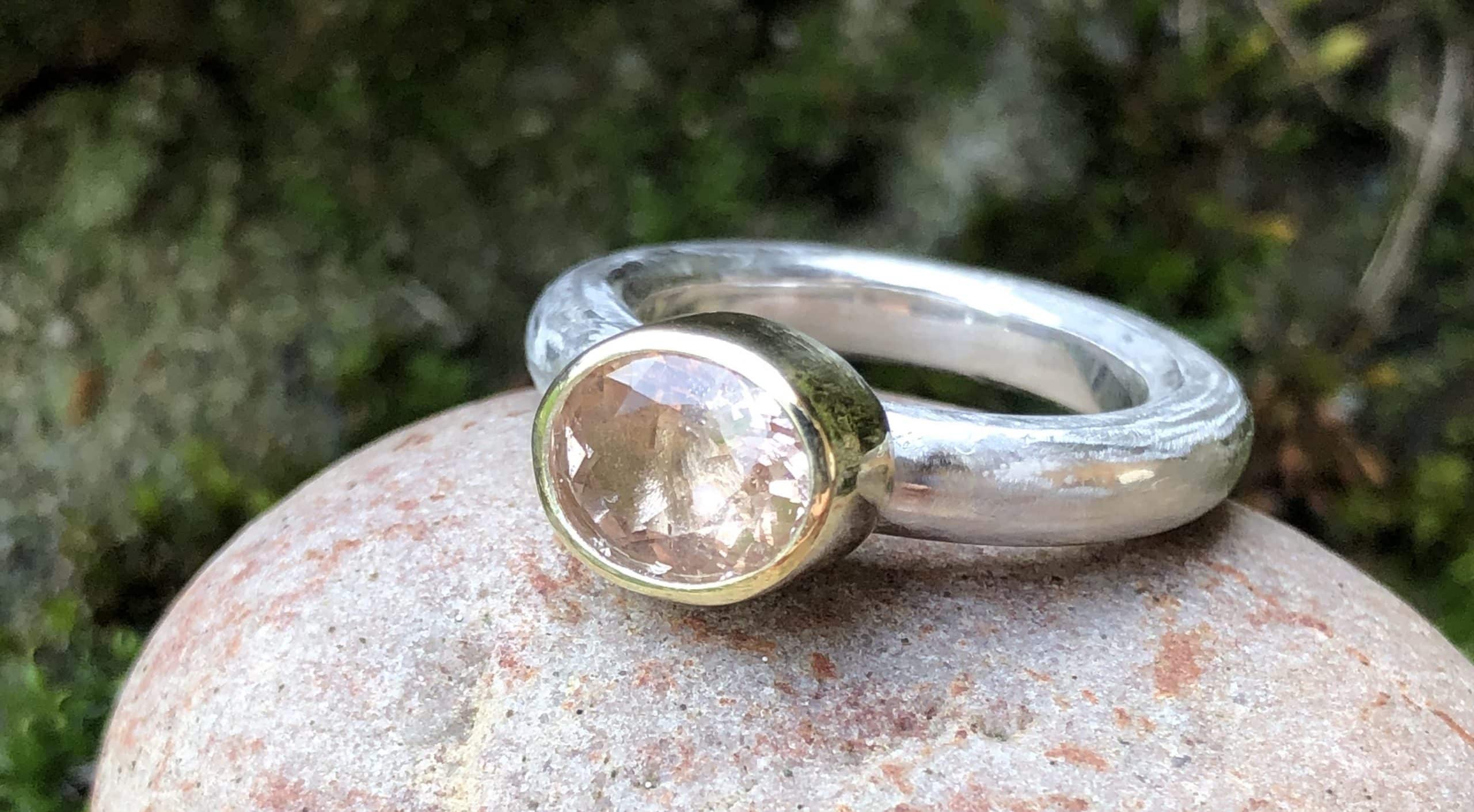 Edelstein Ring mit pfirsichfarbenem Morganit 585 Gold/ 925 Silber handgefertigt – Bild 4