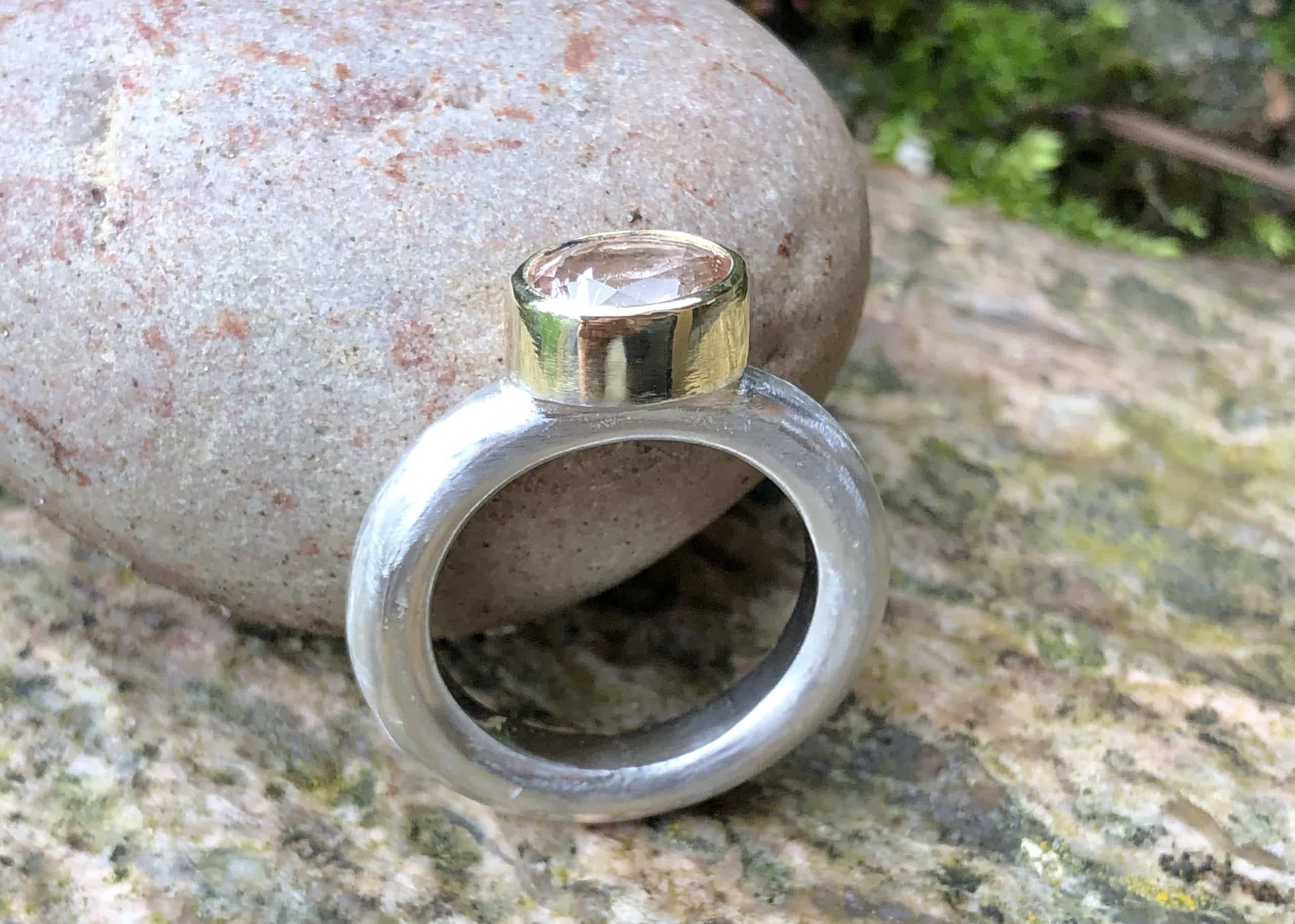 Edelstein Ring mit pfirsichfarbenem Morganit 585 Gold/ 925 Silber handgefertigt – Bild 3