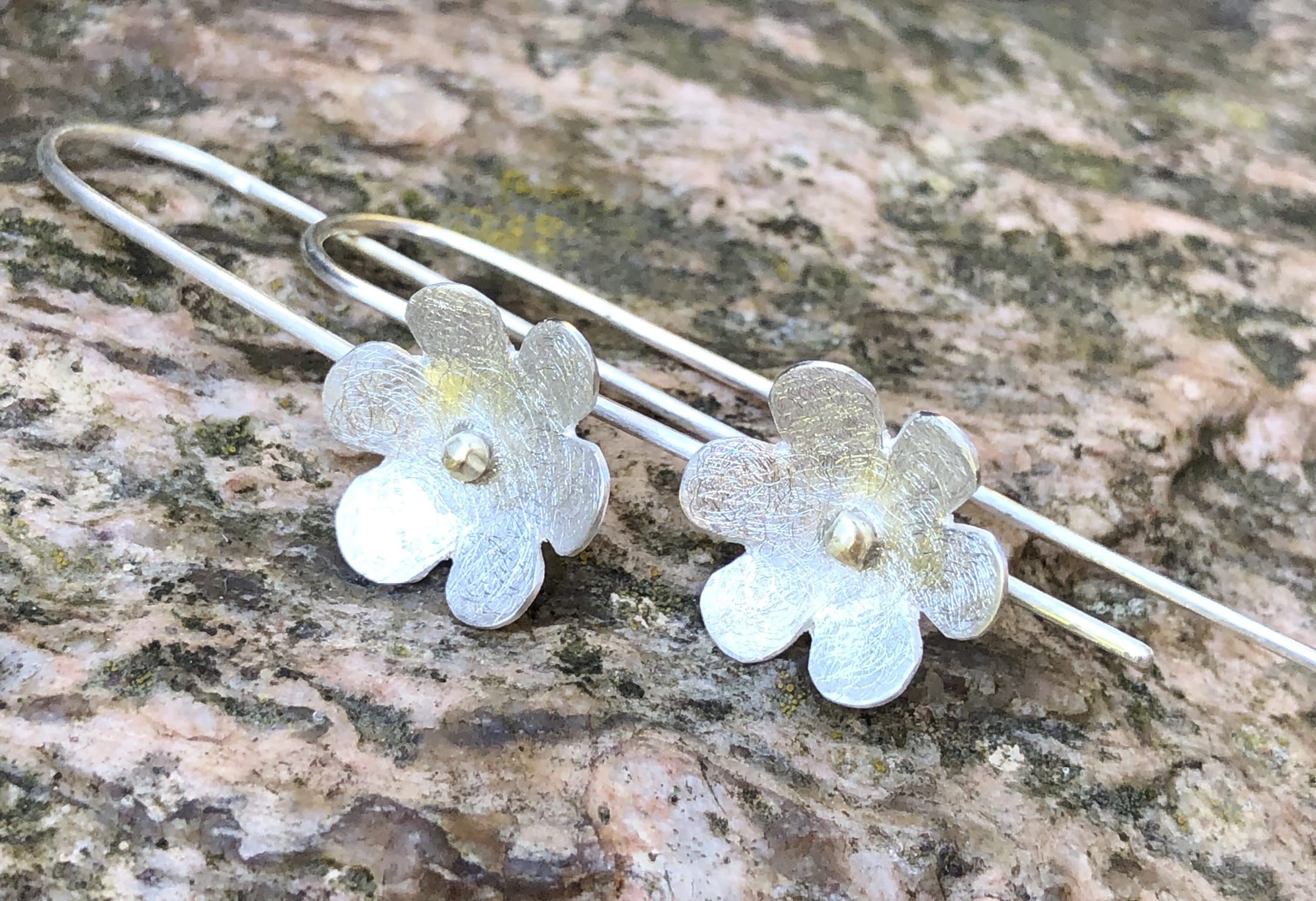 Ohrhänger 925 Silber/ 585 Gold Blümchen mit langem Haken
