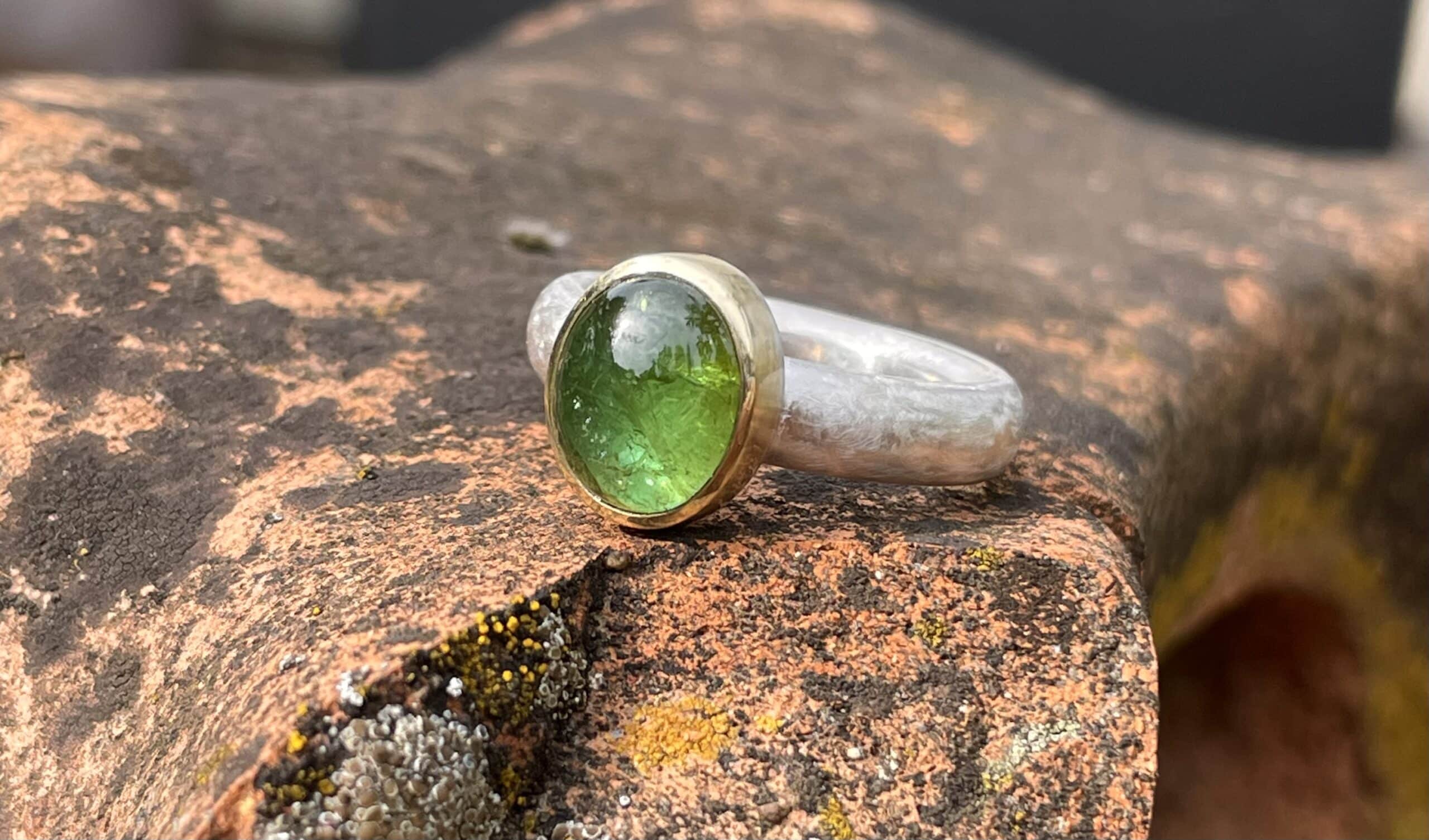 Edelstein Ring grüner Turmalin Cabochon 925 Silber/ 585 Gold handgefertigt – Bild 5