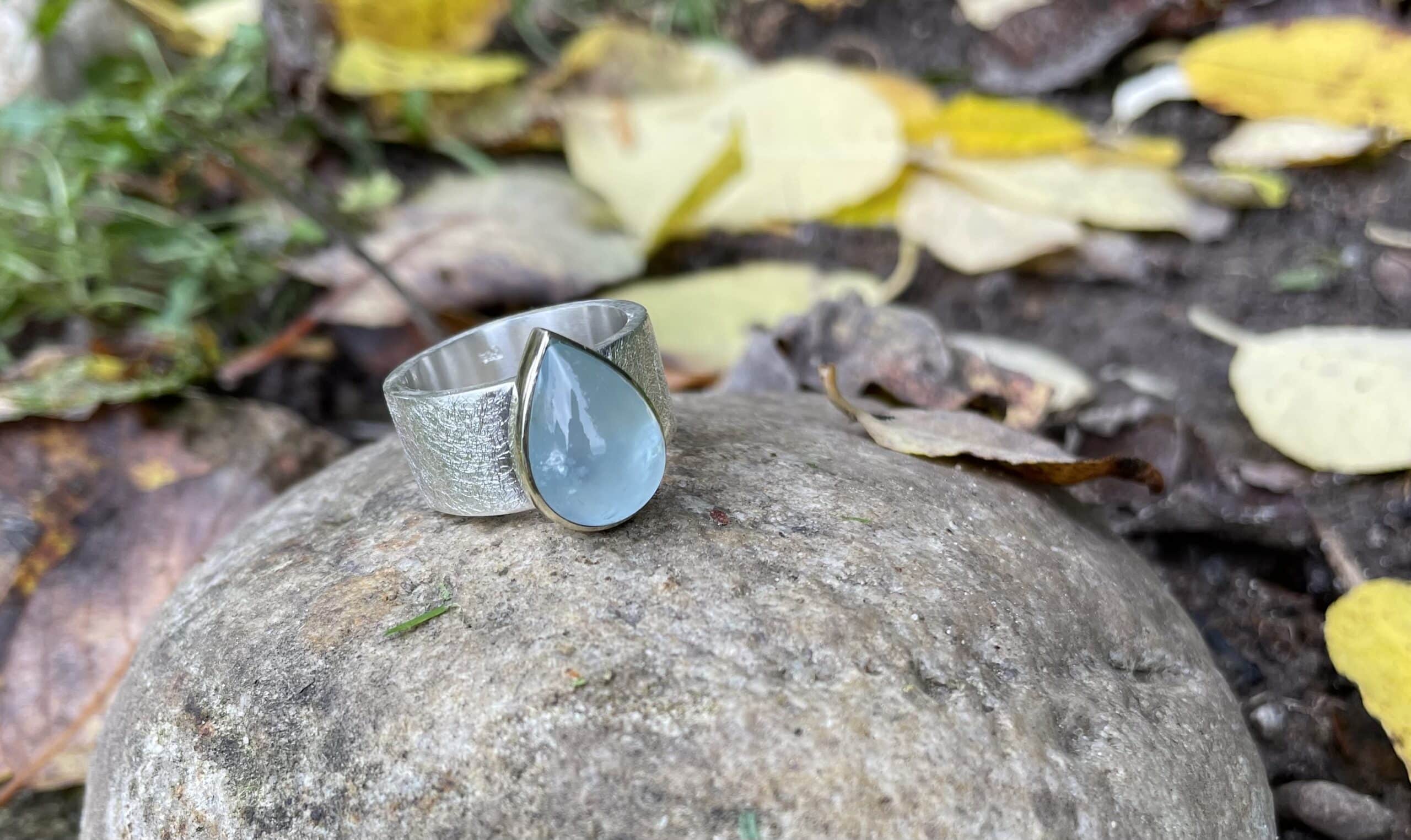 Edelsteinring Aquamarin Tropfenform 925 Silber/ 585 Gold handgefertigt – Bild 2