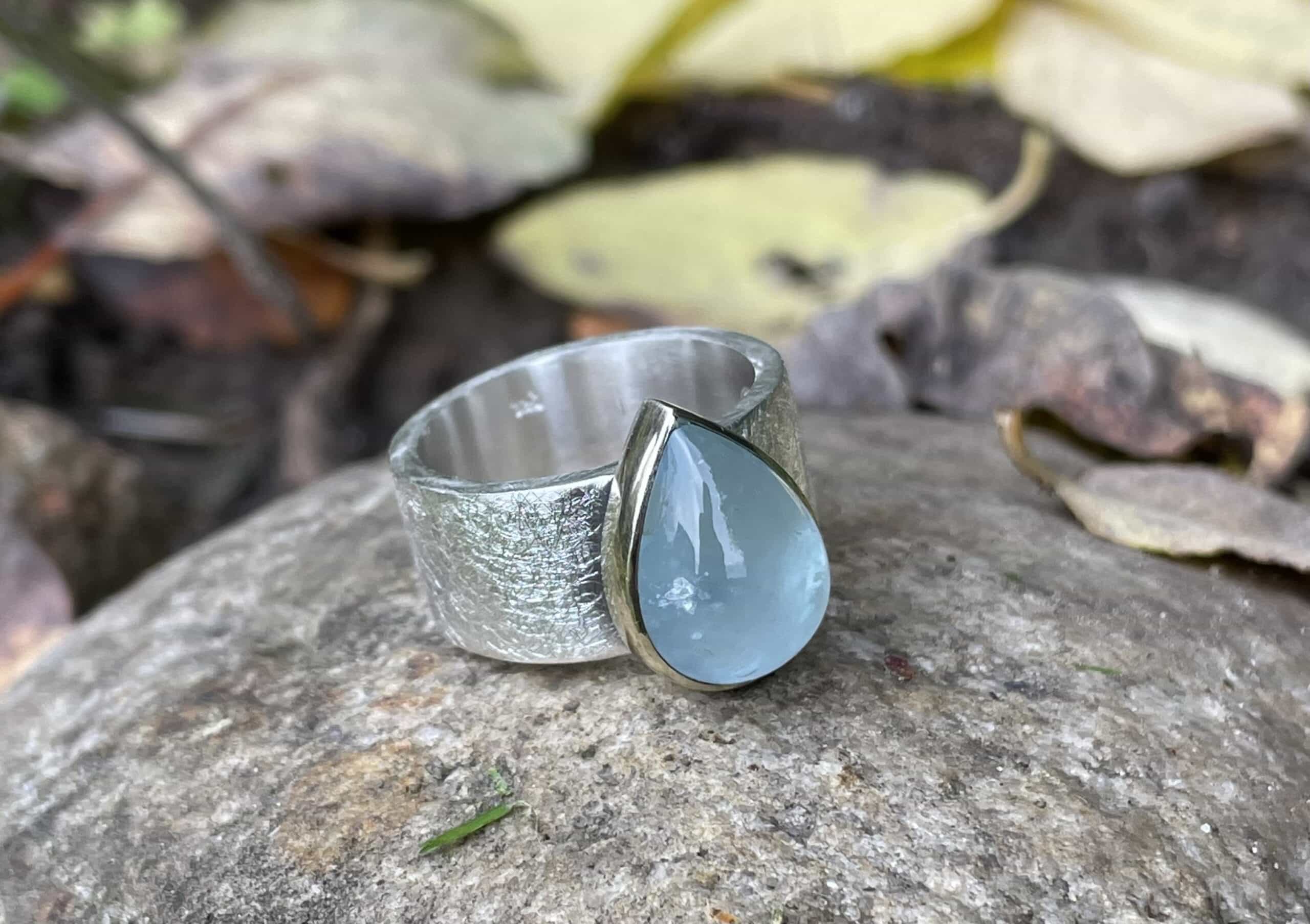 Edelsteinring Aquamarin Tropfenform 925 Silber/ 585 Gold handgefertigt