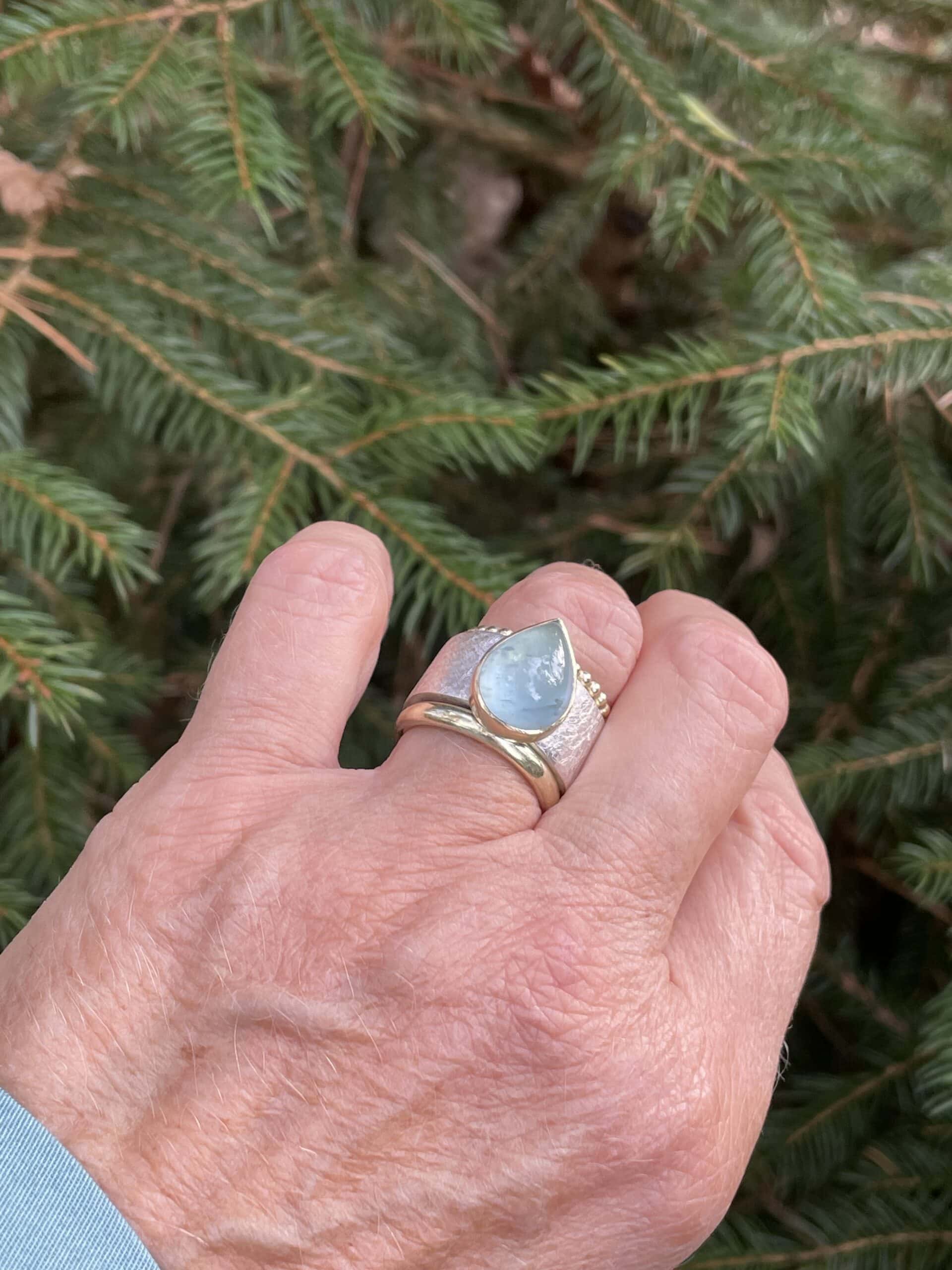 Edelsteinring Aquamarin Tropfenform 925 Silber/ 585 Gold handgefertigt – Bild 8