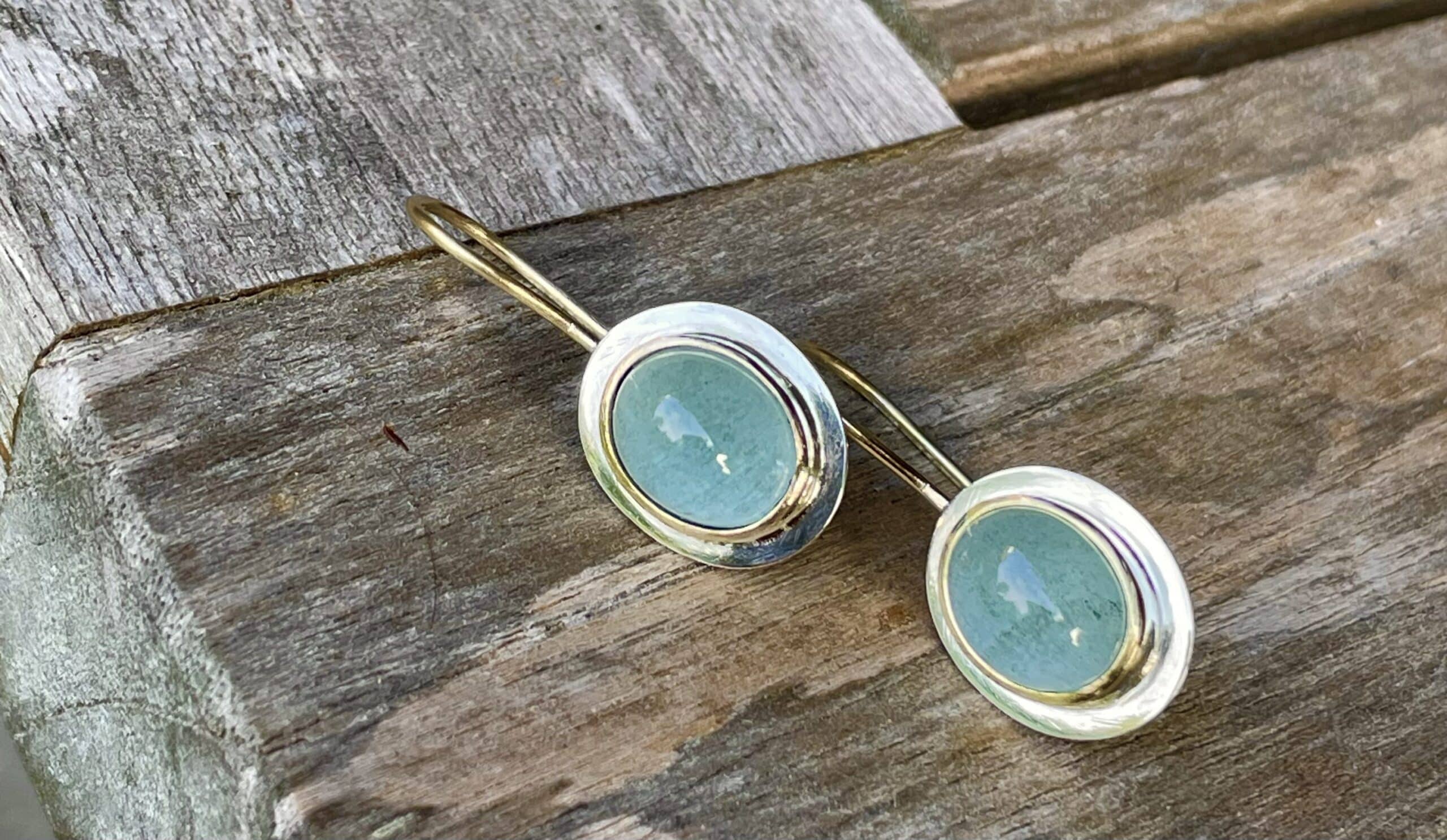 Edelstein Ohrhänger Aquamarin Cabochon 585 Gold/ 925 Silber handgefertigt