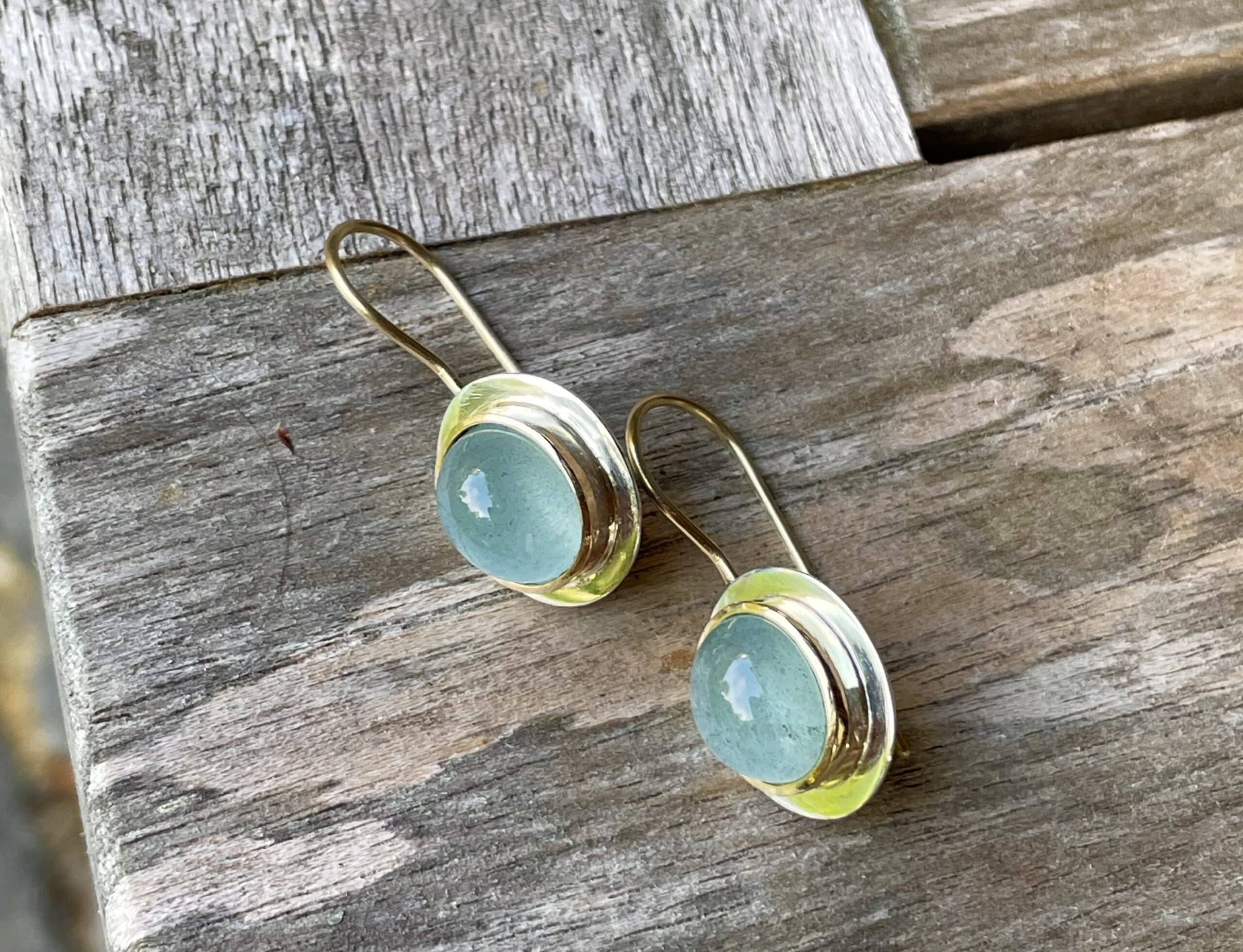 Edelstein Ohrhänger Aquamarin Cabochon 585 Gold/ 925 Silber handgefertigt – Bild 7