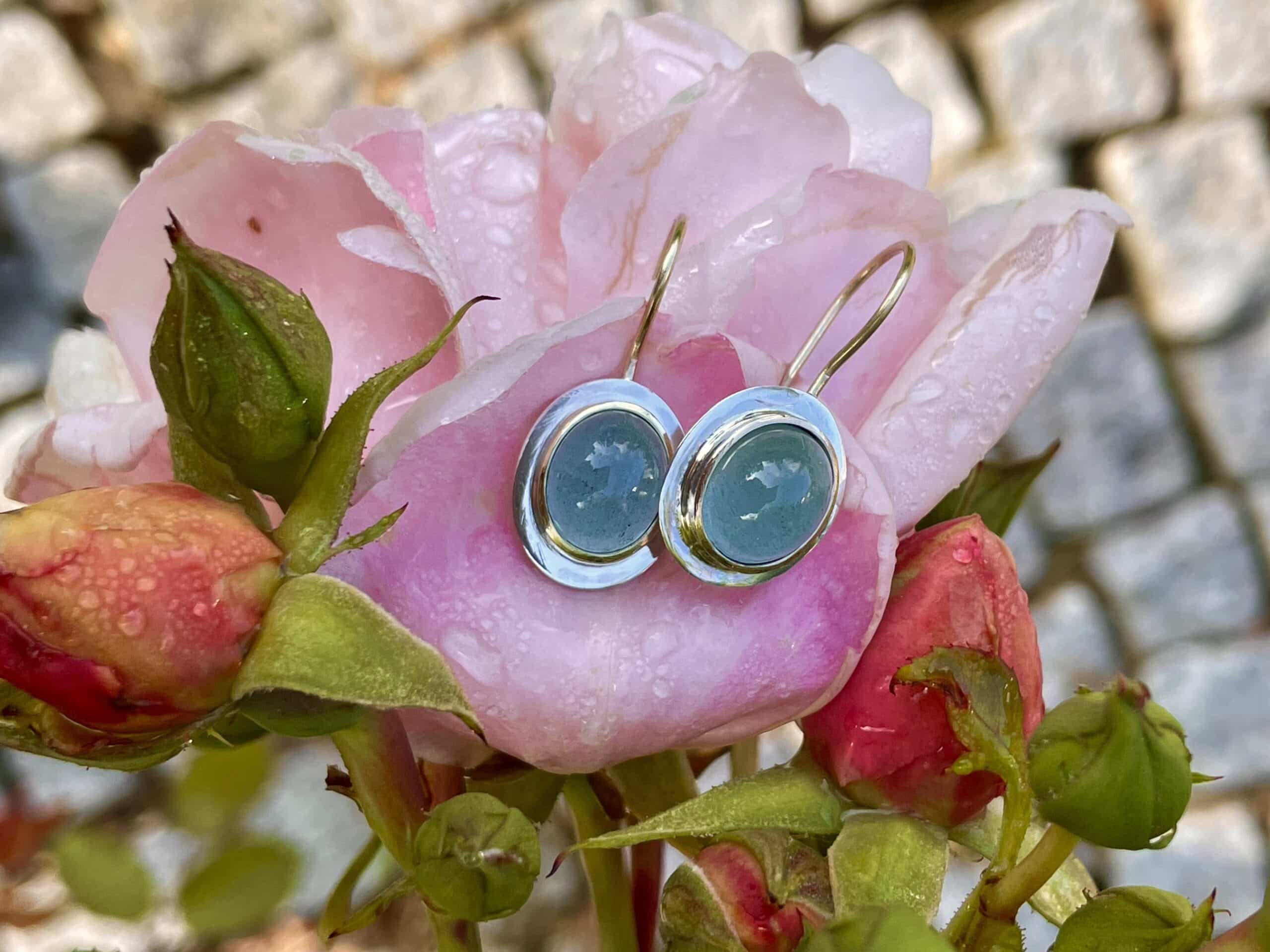 Edelstein Ohrhänger Aquamarin Cabochon 585 Gold/ 925 Silber handgefertigt – Bild 10