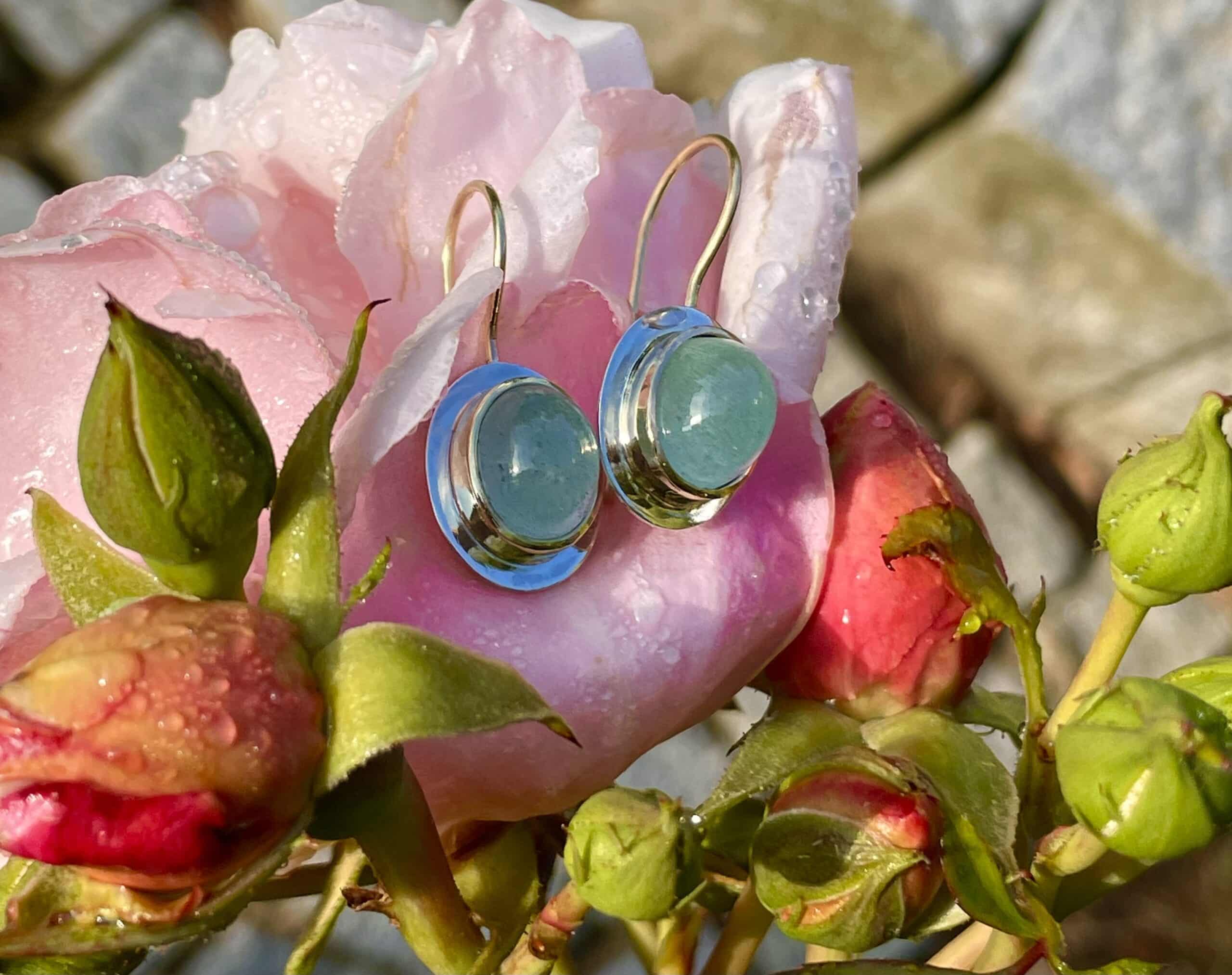 Edelstein Ohrhänger Aquamarin Cabochon 585 Gold/ 925 Silber handgefertigt – Bild 8