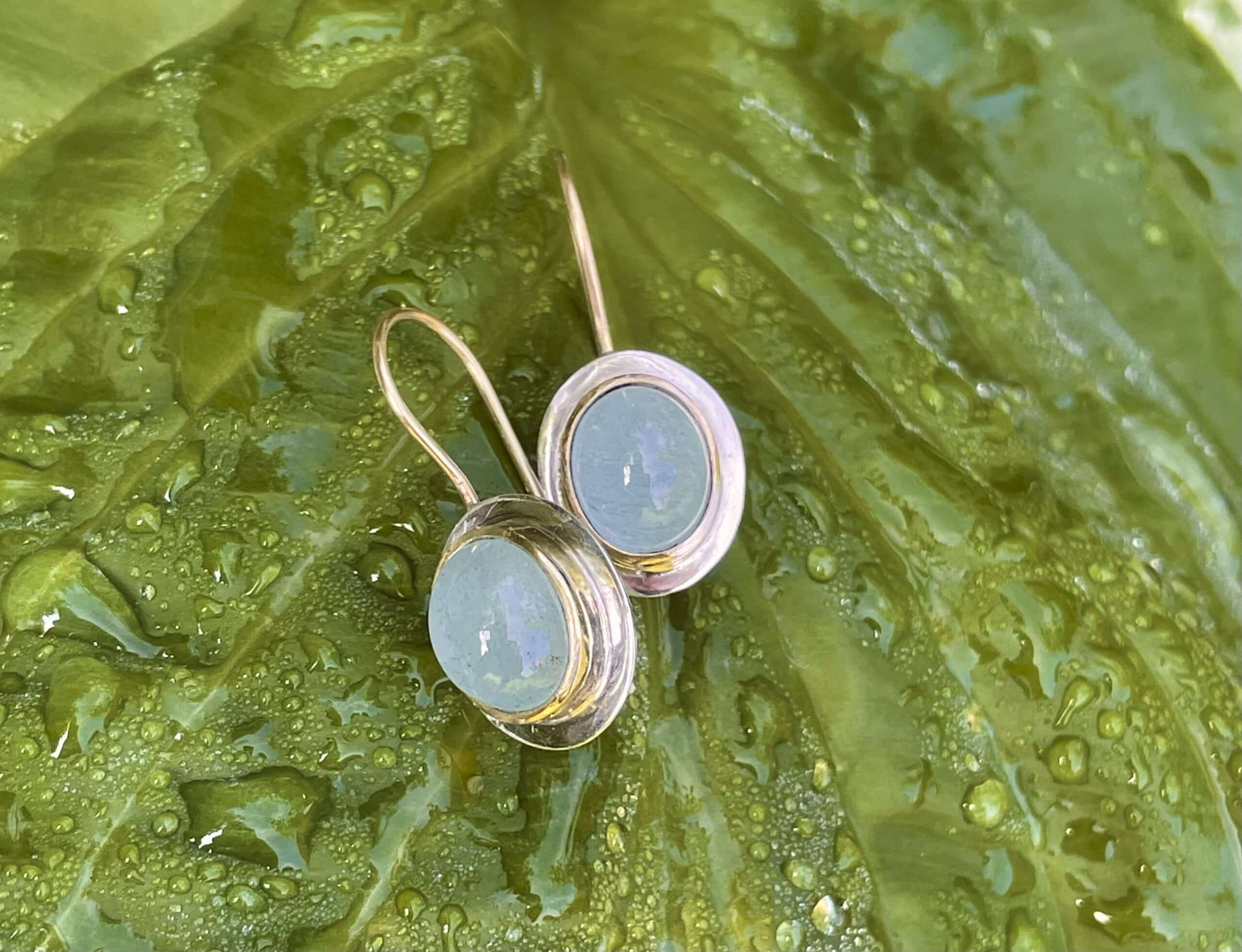 Edelstein Ohrhänger Aquamarin Cabochon 585 Gold/ 925 Silber handgefertigt – Bild 4