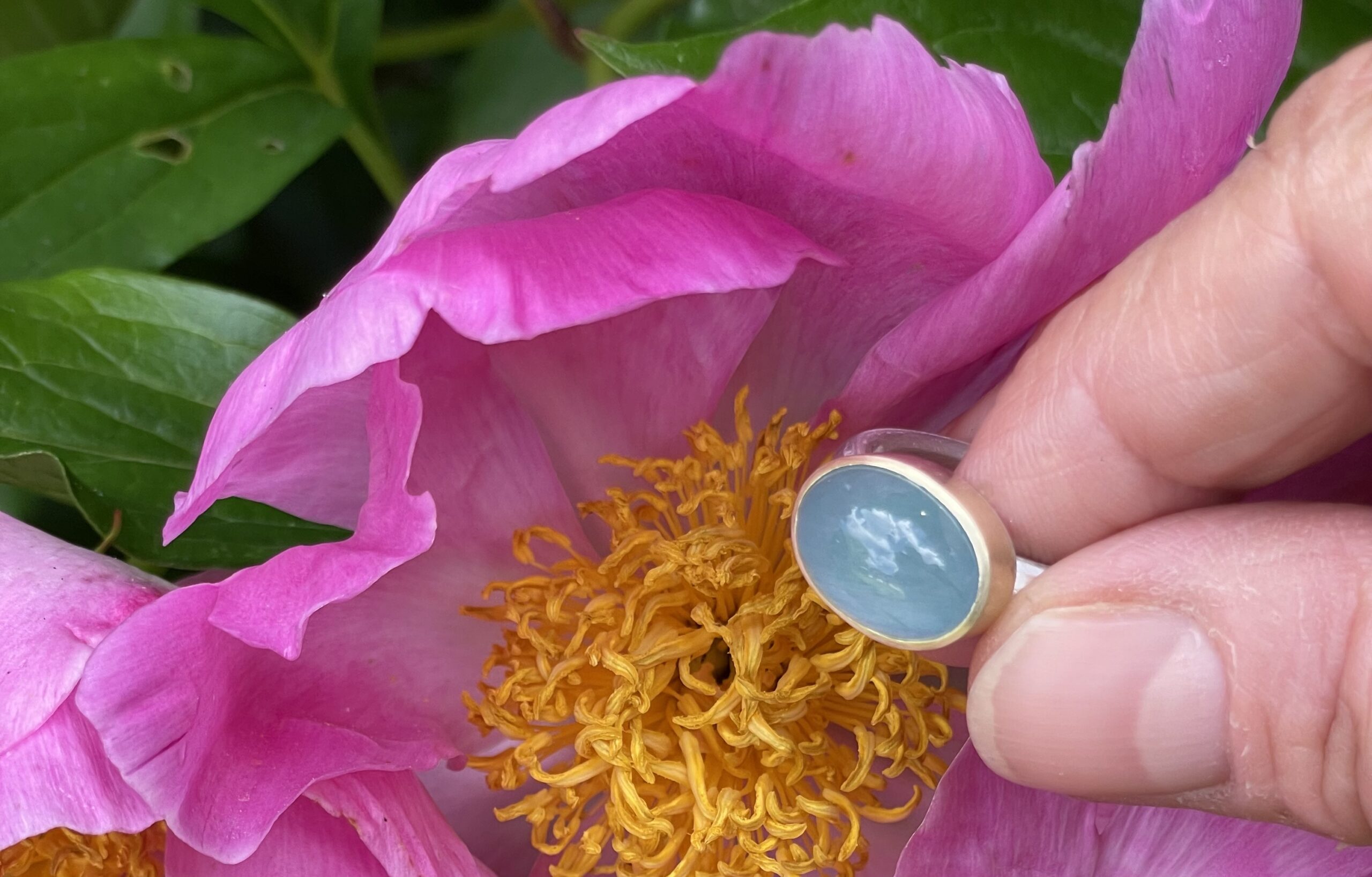 Edelstein Ring Aquamarin Cabochon 925 Silber/ 585 Gold handgefertigt – Bild 3
