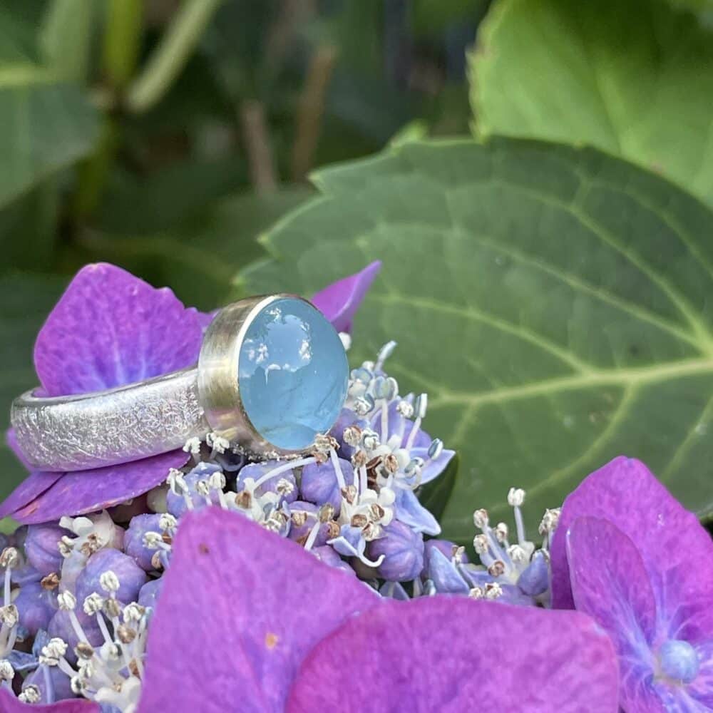 Edelstein Ring Aquamarin rundes Cabochon 585 Gold / 925 Silber handgefertigt