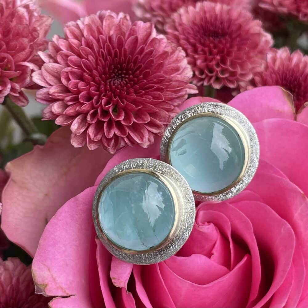 Edelstein Ohrschmuck runde Aquamarin Cabochon 925 Silber/ 585 Gold handgefertigt