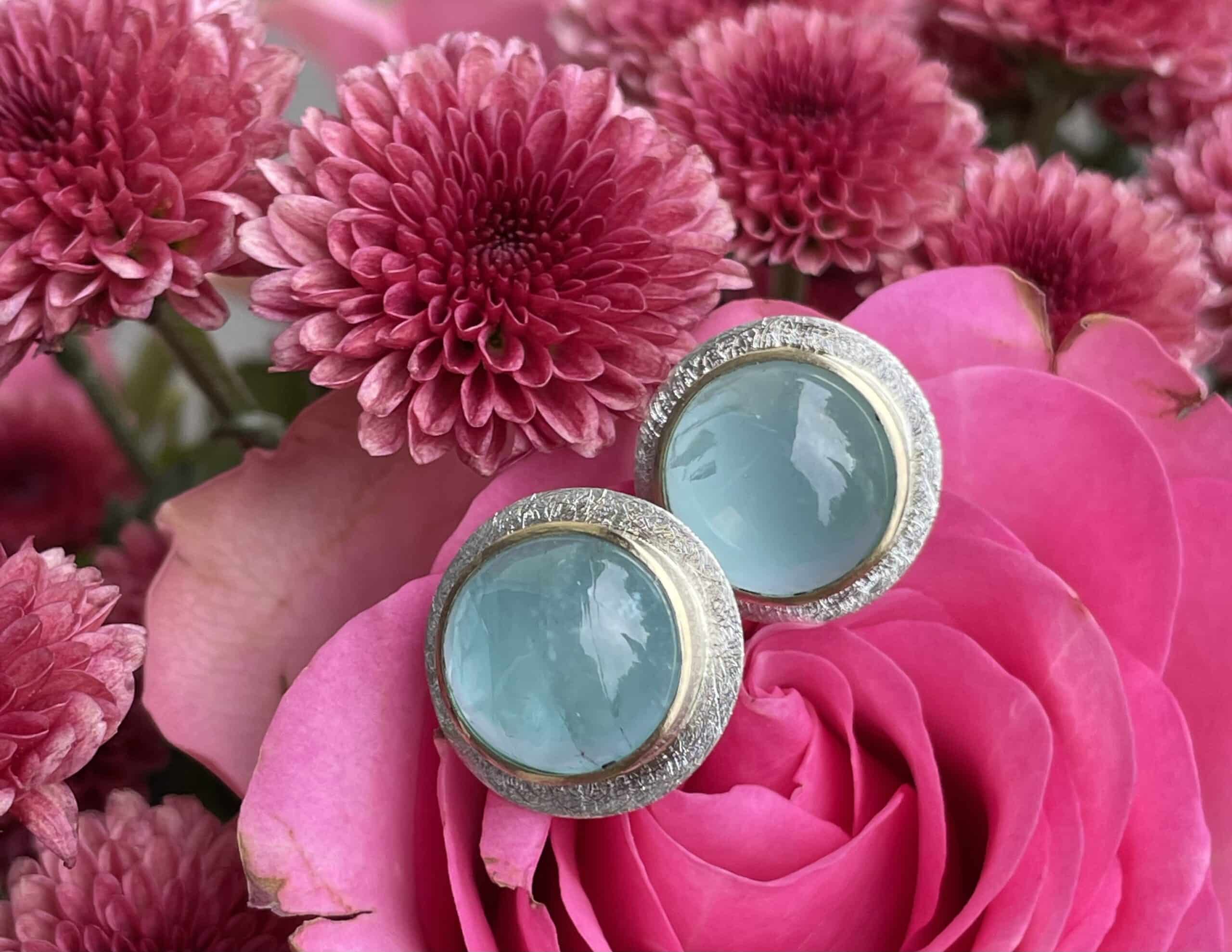 Edelstein Ohrschmuck runde Aquamarin Cabochon 925 Silber/ 585 Gold handgefertigt